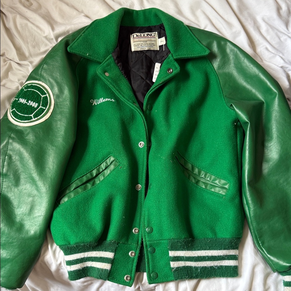 Green Varsity Jacket with Leather Sleeves